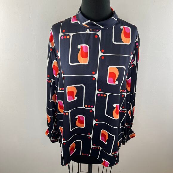 ZARA Navy Blue Orange Geometric Printed Long Sleeve Pullover Blouse Top Size L - Picture 2 of 8